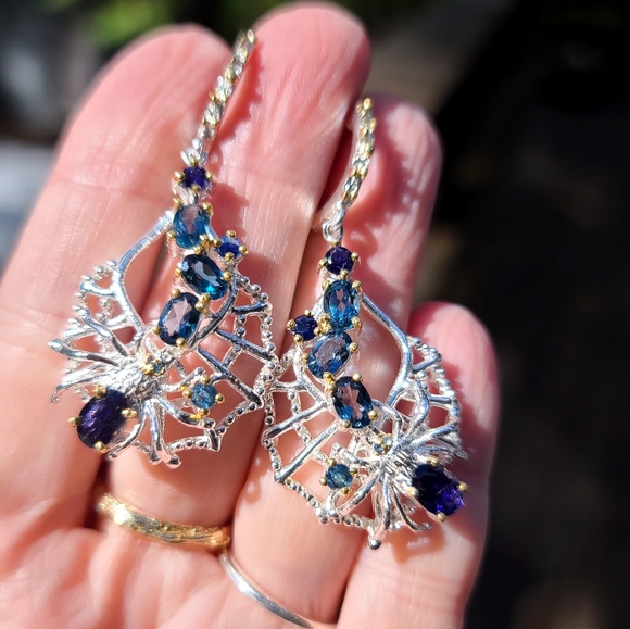 Sapphire Lolite & Topaz  Spider 🕷 on web🕸 Sterling & gold dramatic earrings - Picture 3 of 9